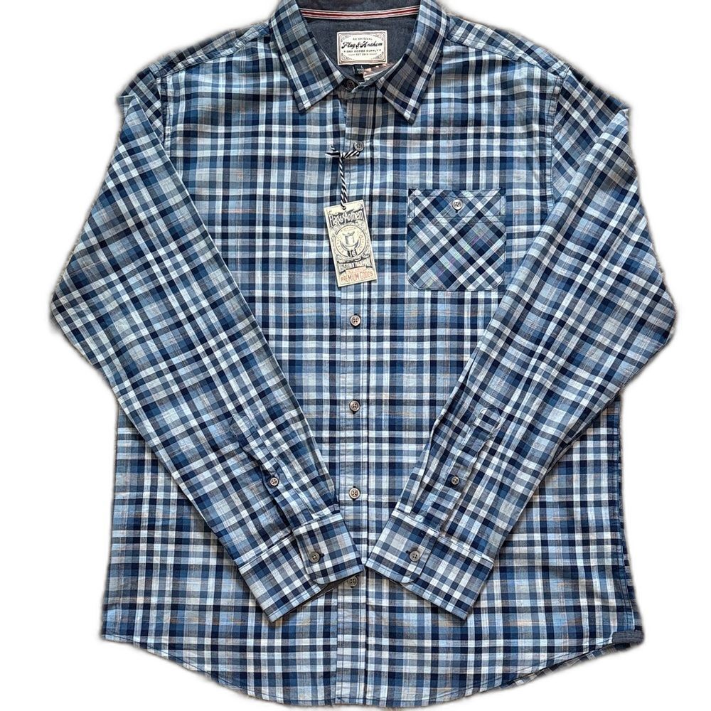 Flag & Anthem Blue Plaid Long Sleeve Button Down Classic Shirt Size Large NWT